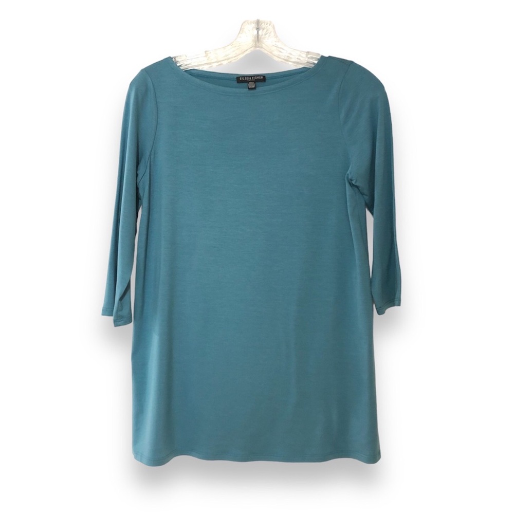 Eileen Fisher Teal Blue Bateau Neck 3/4 Sleeve Tunic Tencel Blouse